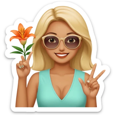 Relaxed sexy woman smiling holding lilies posing in shades  and flashing peace sign  hand sticker