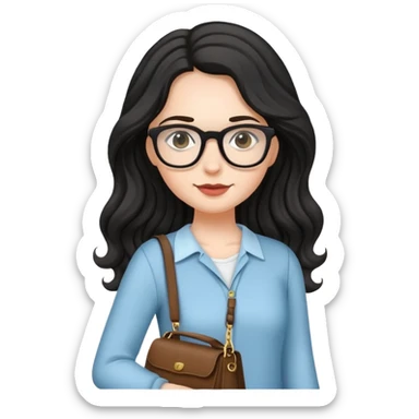 A white girl with black wavy long hair, wearing Wearing glasses and carrying a shoulder bag sticker