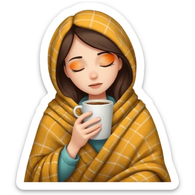 girl inside a blanket sipping coffee eyes closed, visibly distressed sticker