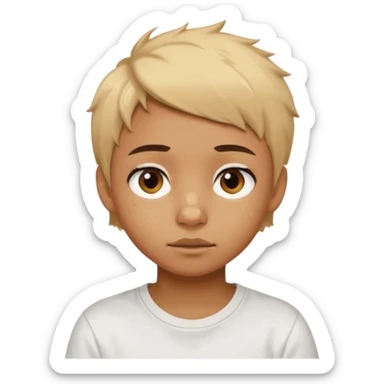 caramel skin color. Teen age. Short buzz, messy blonde hair, large expressive golden-brown eyes, brown skin color, scar over nose, wearing a plain white t-shirt. sticker