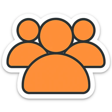 simple icon of a silhouette representing followers: group of stylized people with one person in the foreground, orange color #fe6601, transparent background sticker