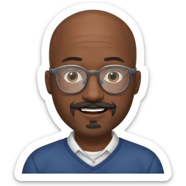 African american male, bald, full gray beard, black mustache. Round face, glasses sticker