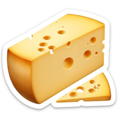 A wedge of yellow cheese with a single round hole and a thin cut slice leaning forward. sticker