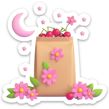 a tea bag with pink flowers, cherries, and a moon and stars sticker