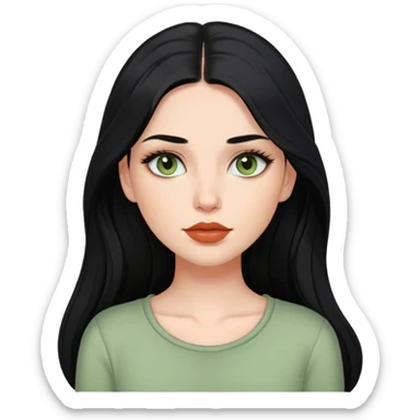european girl with long black hair, long eyelashes, terracotta lips, light green top sticker