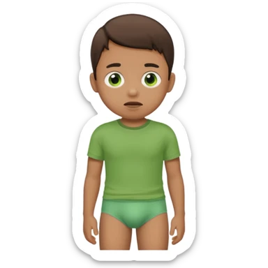 A kid wearing a poopy underwear with a green t-shirt sticker