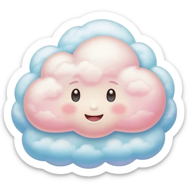 Cinematic round pastel cloud, soft puffy texture, gentle glowing edges, tiny happy face with blushing cheeks, floating in a dreamy sky, warm and magical. sticker