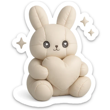 full-body milky white bunny with sparkling eyes, holding a big heart, sparkles floating around, dreamy pose, cushion style sticker