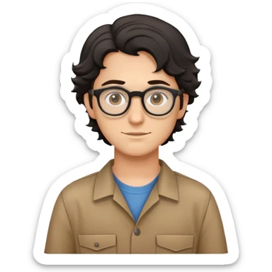 Young caucasian carpenter with black wavy hair, round glasses, brown work clothes with shirt underneath sticker