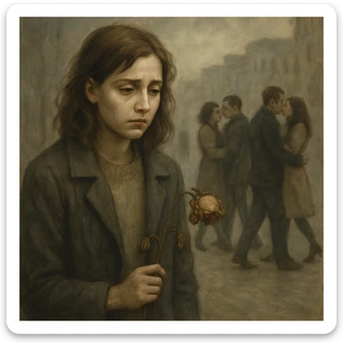 a woman with a lonely expression, holding a wilted flower, looking at couples passing by, feeling left out and unable to find love sticker