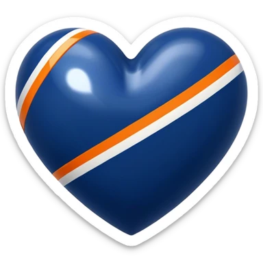Glossy, sporty dark blue heart with diagonal white and orange athletic stripes going down one side sticker