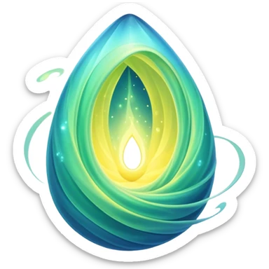 green-blue magical organic cocoon lit up with swirling yellow magic, ethereal and mystical, symbol shape, gentle green-blue hues sticker