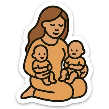 vector illustration of a mother with appearance and style like the reference, sitting and holding two babies on her lap, expressive and detailed, simple smooth lines, soft shadows and highlights, complex shapes, light beige-brown color scheme, flowing hair, clear facial features, atmosphere of tenderness sticker