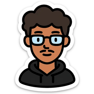 Malay teenager with fluffy hair, long face, light mustache, glasses, and a black hoodie icon sticker