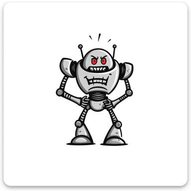 Hand-drawn evil robot with scary face and mechanical parts sticker