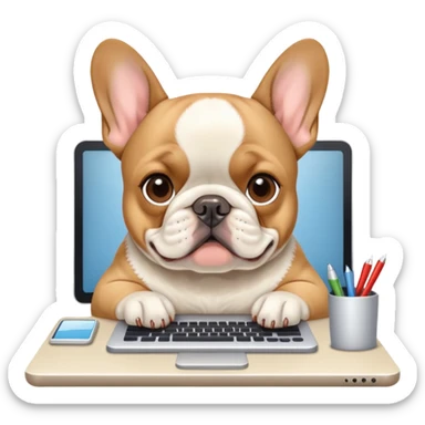 Frenchie working behind computer sticker