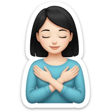 smiling girl with black hair with closed eyes with hands crossed holding neck sticker