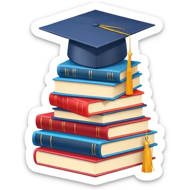 stack of colorful books with a graduation cap on top sticker