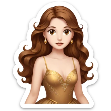 Cinematic Stunning Belle Portrait Emoji, Deep brown eyes full of curiosity, long chestnut hair flowing in soft waves, wearing her golden ballroom gown, glowing with warmth and elegance, a princess whose beauty is as radiant as her mind! sticker