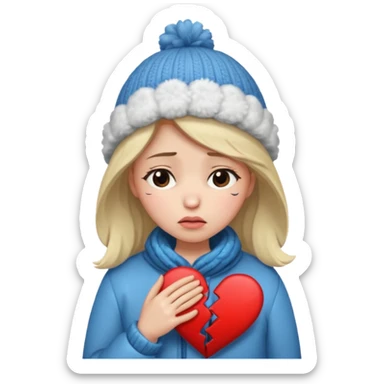 woman broken hearted, shedding a tear, looking down sad holding her heart breaking, wearing a winter outfit sticker