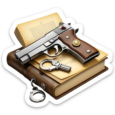 Icon for Action & Crime Reading: an open book with dramatic action scenes, surrounded by a gun, handcuffs, a badge, and a shadowy figure. The icon should evoke suspense, danger, and intrigue of crime and action stories. Transparent background. sticker