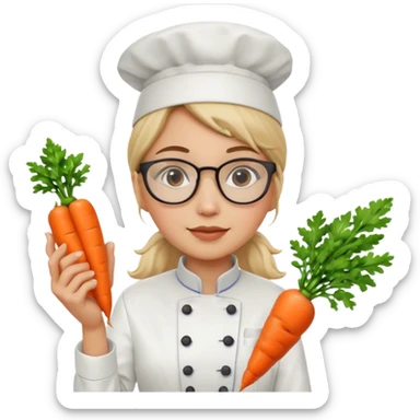 female italian chef, uniform, wearing glasses, holding carrot sticker