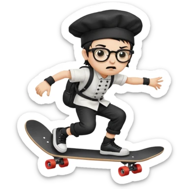 ["An angry boy  wearing a chef hat and square glasses, dressed in goth fashion, is skateboarding while holding a backpack."] sticker