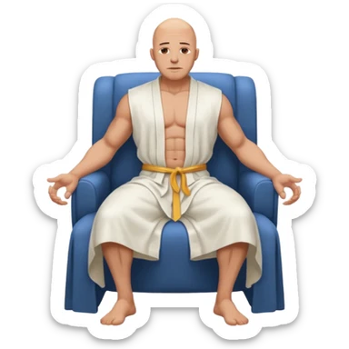 fullbody jacked bald guy, sleeveless and unbuttoned in full white robe sitting without chair and hands down sticker