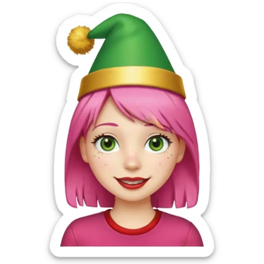 Create a girl with pink hair and green eyes with long eyelashes and a smiley face. She has freckles in her face and a lit of bit of lipstick on her mouth, she’s also got gold birthday hat on her head with gold pom poms on top of it, and her T-shirt is red sticker