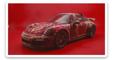 Closeup shot of a porsche 911, body of car made of russian carpet with patterns, red solid studio background,top low key light, dutch angle, haze, captured by ARRI 65 sticker