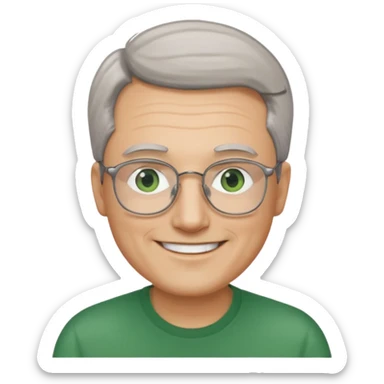 Man with receding hair, grey hair only on the sides, green eyes, rectangular reading glasses, rounded clear face, with a smile sticker