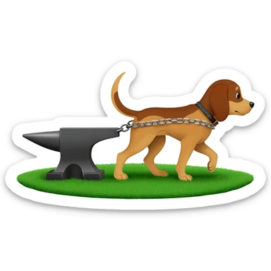 Pack hound pulling an anvil along green grass by leads or chains sticker
