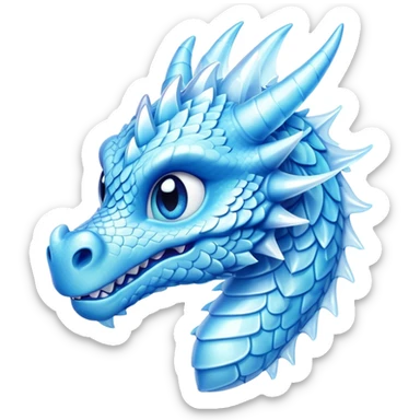 Cinematic Cute Beautiful Ice Dragon Portrait Emoji, Head tilted playfully and inquisitively, featuring a sleek, glacial form with intricately detailed, frost-kissed scales in shimmering blues and sparkling silver, accented by delicate ice crystal patterns and a gentle, enchanting glow; rendered with lifelike clarity and soft, natural light, high shine, charming and cool, styled with a touch of wintry fantasy, soft glowing outline, capturing the essence of a mischievous yet endearing ice guardian poised to twirl playfully into your dreams! sticker