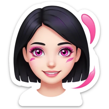smiling girl with black hair and pink eye makeup smudged, no glitter sticker