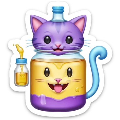 Smiling bottle of oil light purple top and light blue sticking tongue out and with cat ears sticker