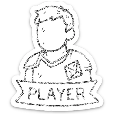minimalist hand-drawn outlined icon of a player for DnD TTRPGs, worn distressed sticker