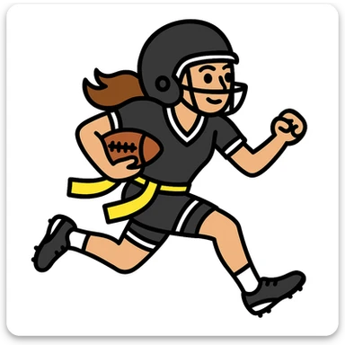 Update to show a woman running with a football, wearing a helmet, a black uniform with white accents, and a lemon lime colored flag belt around her waist. No country flags. Keep the background transparent. sticker