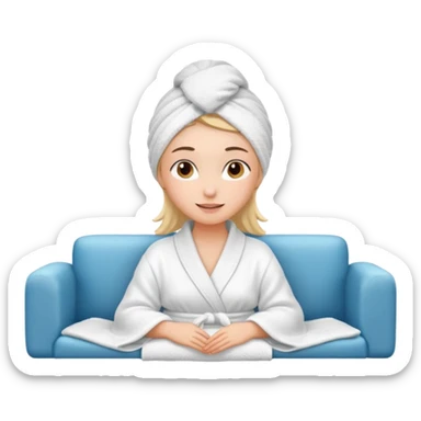 spa A contented and relaxed girl with a towel on her head in a white robe lies on a couch. The icon displays the couch and the girl in full three-quarter view. sticker