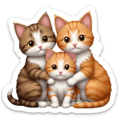 3 tiny kittens cuddling together all different colours, the first one is grey and white, the second is ginger and white and the third is brown tabby and white sticker
