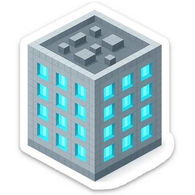 Russian panel apartment building, compact square block, light gray, UV glowing windows, isometric view sticker