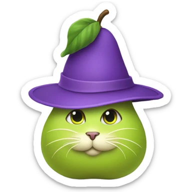 Violet cat shaped like a pear with a big Green hat  sticker