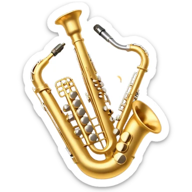 Create an artistic and dynamic emoji representing jazz vocal performance, featuring a vintage microphone as the central focus. Surround the microphone with traditional jazz instruments, such as a saxophone, trumpet, and upright bass, arranged in a harmonious, flowing design. Add musical notes and sound waves emanating from the microphone to symbolize the improvisational and expressive nature of jazz vocals. The instruments should have a polished, classic appearance with metallic gold and silver accents. Use rich colors like deep black, gold, and burgundy to evoke the sophisticated and soulful atmosphere of a jazz club. The background should be transparent. sticker