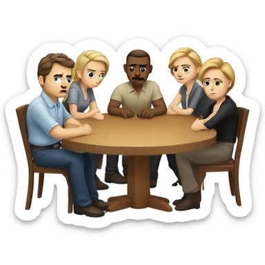 6 Caucasian people sitting around a table looking unhappy sticker