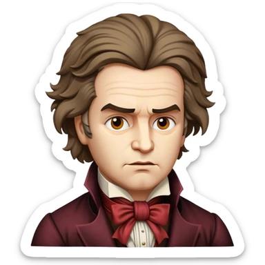 Cinematic Realistic Beethoven Portrait Emoji, depicted as a passionate composer with intense expressive features in period attire, rendered with rich textures and dramatic moody lighting that captures the turbulent genius of his music. sticker