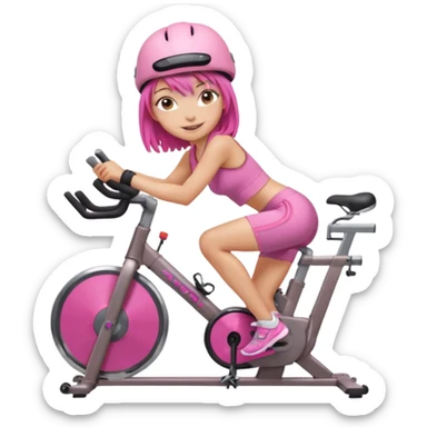 Light tan girl with a brown bob hat style with pink highlights in a pink workout set leaning on a indoor cycle bike, no helmet but add pink hair highlights  sticker