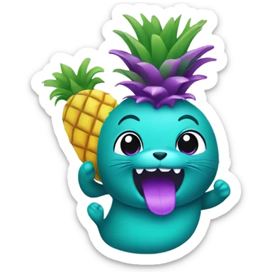 teal-colored seal holding a purple-colored pineapple sticker
