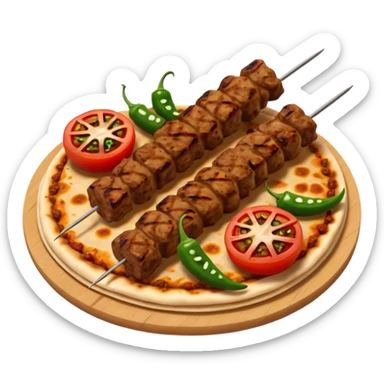 Adana kebab object icon, spicy grilled minced meat skewer, served on flatbread, grilled tomatoes and green peppers on the side, smoky char marks, juicy texture, 3D cartoon, mobile game icon style, centered, clean background, no text, no watermark
 sticker
