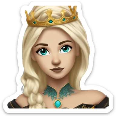 Aelin has white or golden blonde hair, turquoise eyes with a gold ring around the pupil, and tattoos and scars. Wearing a black and gold gown with a crown made of fire sticker