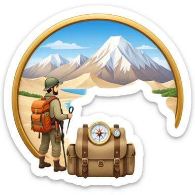 Icon for Expeditions: a compass, a map, a backpack with trekking gear, and a rugged expedition jeep, set against a backdrop of snowy mountains, sand dunes, and tropical islands. The icon should capture the spirit of adventure and exploration in diverse landscapes. Transparent background. sticker