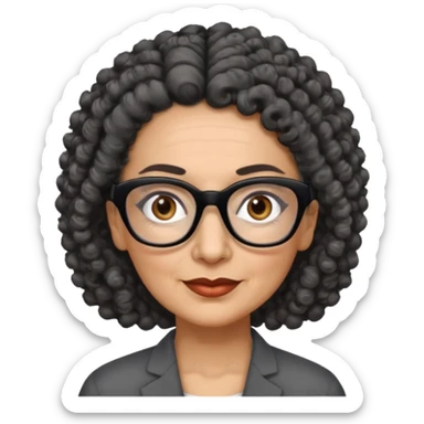 femme 60 ans cheveux gris foncé très bouclé attaché et yeux marrons foncé,  lunettes rectangle noir sticker